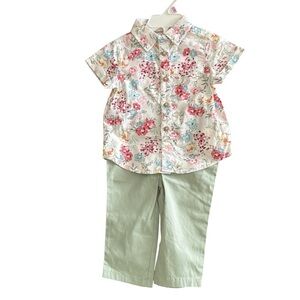 First Impressions New Boys 6-9Month 2Pc Short Sleeve Floral Shirt and Sage Pants
